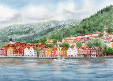 Postkarte DIN-A6 Aquarell Kunst Druck Kunstdruck Norwegen Norge Norway Bergen Bryggen - NO8